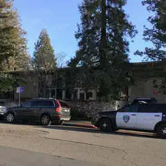 A police SUV parked on a street in front of a building with trees in the background.