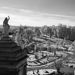 A statue stands on a stone base overlooking a cemetery with a city skyline in the distance.