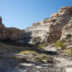 A rocky canyon with a dry creek bed and sparse vegetation under a clear sky.