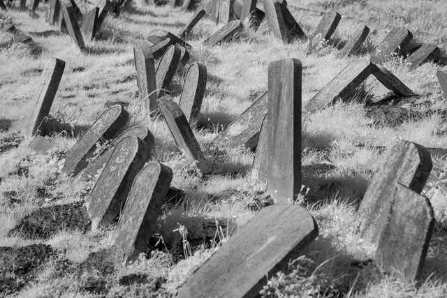A collection of weathered, leaning gravestones in a grassy area.