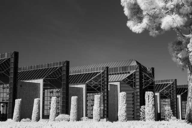 A long, low building with a repeating pattern of vertical supports and glass panels extends across the frame, and trimmed hedges line the front.