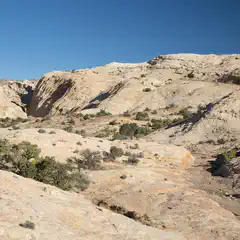 A rugged landscape with a winding canyon and sparse vegetation under a clear blue sky.