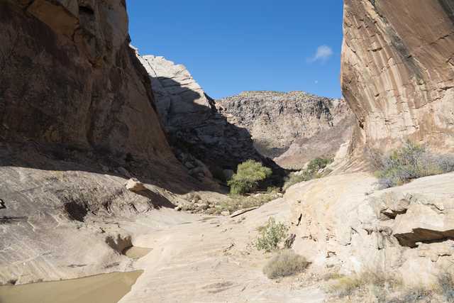 A rocky canyon with a narrow stream flowing through it, surrounded by rugged terrain under a clear blue sky.