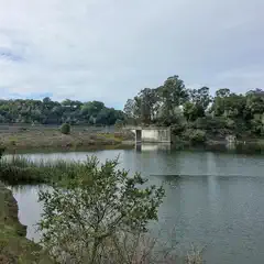 An earthen dam spans across a lake, with a concrete spillway and a metal railing along its edge.