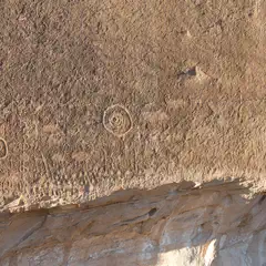 Several animals are carved into a rock face between two circular petroglyphs.