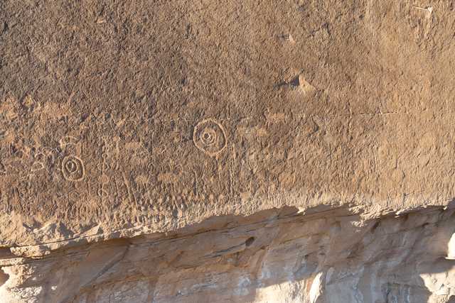 Several animals are carved into a rock face between two circular petroglyphs.