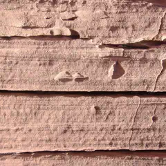 A weathered red rock formation with parallel cracks and crevices.