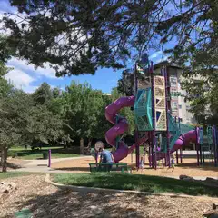 A playground with a colorful slide and climbing structures set against a backdrop of trees and a clear sky.