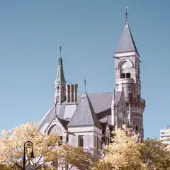 A stone building with a prominent clock tower and multiple spires rises above golden-leaved trees under a clear blue sky.