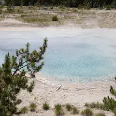 An aquamarine pool is surrounded by white sand and low green vegetation.