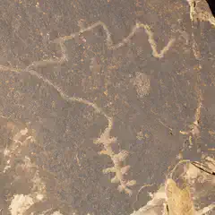 An abstract design is carved into a rock surface.
