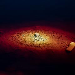 A mound of bleached rocks rises from a dark red pool of water in a mining tailings pond.