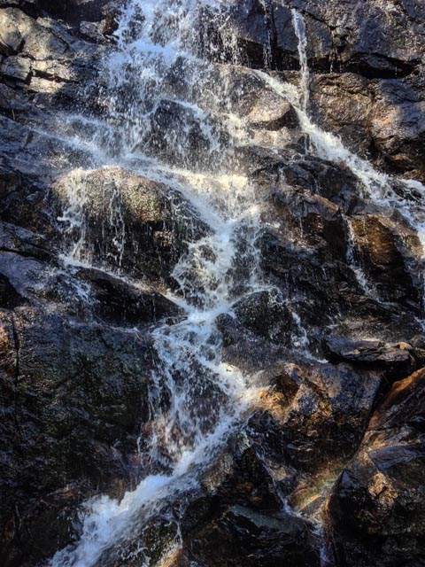 A small waterfall flows over dark, jagged rocks.