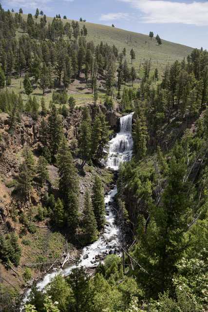 A waterfall cascading down a rocky mountain side into a stream surrounded by trees and rocks.