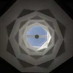 A view looking up through a series of nested octagonal openings toward a central skylight.