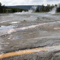 A geothermal area contains cracked earth, steam vents, and pools of water tinted with yellow and brown.
