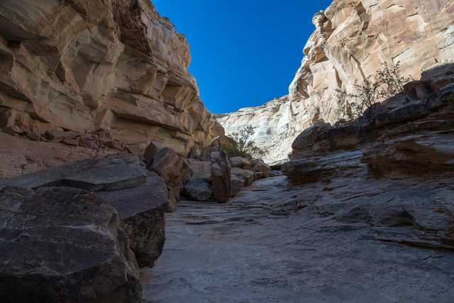 A narrow canyon with tall, layered rock walls and a rocky floor under a clear blue sky.
