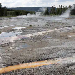 A geothermal area contains cracked earth, steam vents, and pools of water tinted with yellow and brown.