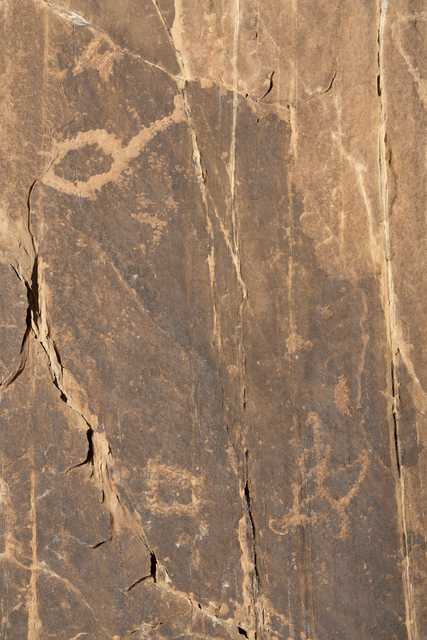 A sandstone wall displays petroglyphs of abstract and animal figures.