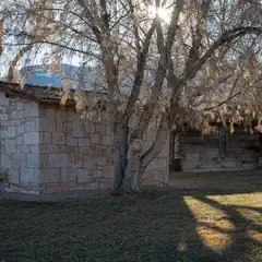 A rustic stone building stands alongside a log cabin, both with brown roofs and surrounded by trees.
