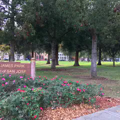 An entrance sign for St. James Park, with pink flowers and a tree-lined path leading into the park.
