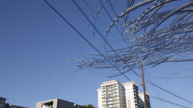 Composite image with a large flock of birds in a clear blue sky above a building and utility poles.