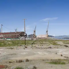 A low building with a rusted corrugated metal exterior sits beside two cranes and a grassy field under a clear blue sky.
