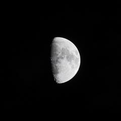 A half-illuminated moon in a black sky.