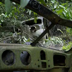 A rusted, abandoned car sits overgrown in a forest, viewed through the broken frame of another wrecked vehicle.