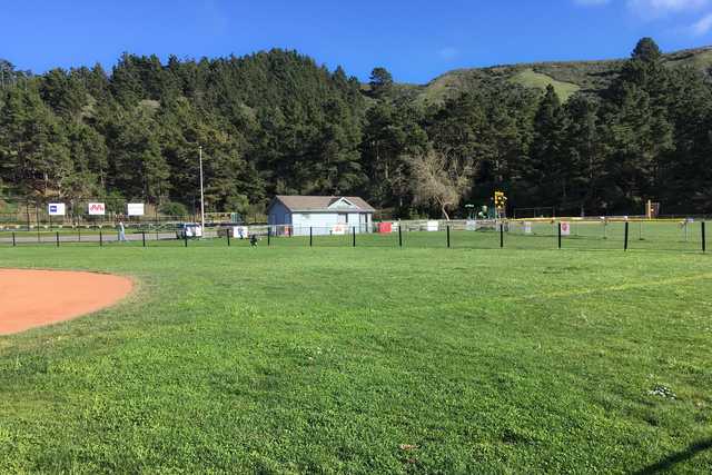 A baseball field with green grass and brown dirt, surrounded by trees under a blue sky.
