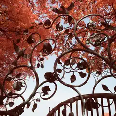 A sculptural metal gate adorned with intricate leaf and bird designs is set against a backdrop of vibrant orange foliage.