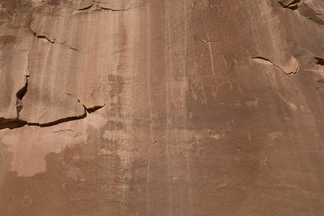 A tan rock face displays petroglyphs of human-like figures, animals, and geometric shapes.