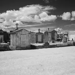 A row of mausoleums and gravestones occupies a grassy area beneath a cloudy sky.