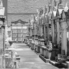 A narrow path extends between rows of stone tombs and mausoleums.