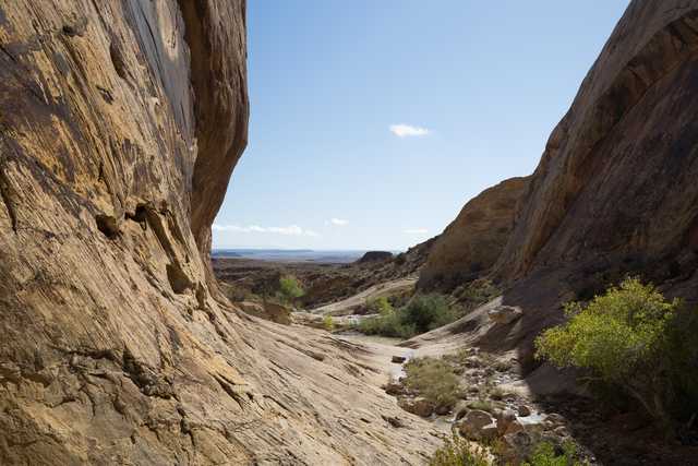 A narrow canyon with sandstone walls contains a dry streambed and leads to a distant, flat landscape under a blue sky.