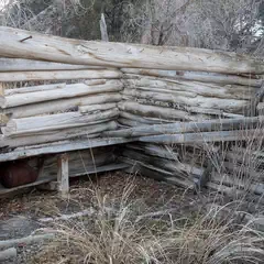 A partially collapsed log structure sits among dry grasses and brush.