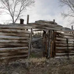 An old, weathered log cabin with a missing roof and door, surrounded by dry grass and bare trees under a cloudy sky.