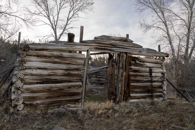 An old, weathered log cabin with a missing roof and door, surrounded by dry grass and bare trees under a cloudy sky.