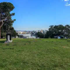 A statue is placed in the middle of a park near a lake.