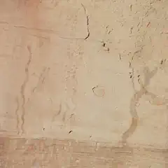 A section of a rock wall features faint markings that resemble wavy lines, as well as small circles and other indistinct shapes.
